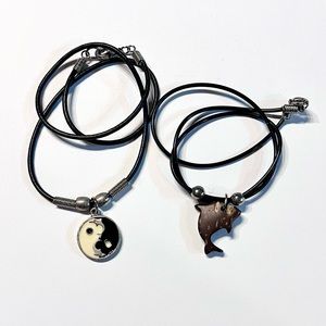 Y2K Dolphin/Whale Leather Cord Necklaces 2pcs, Yin Yang Pendant, Wooden Pendant